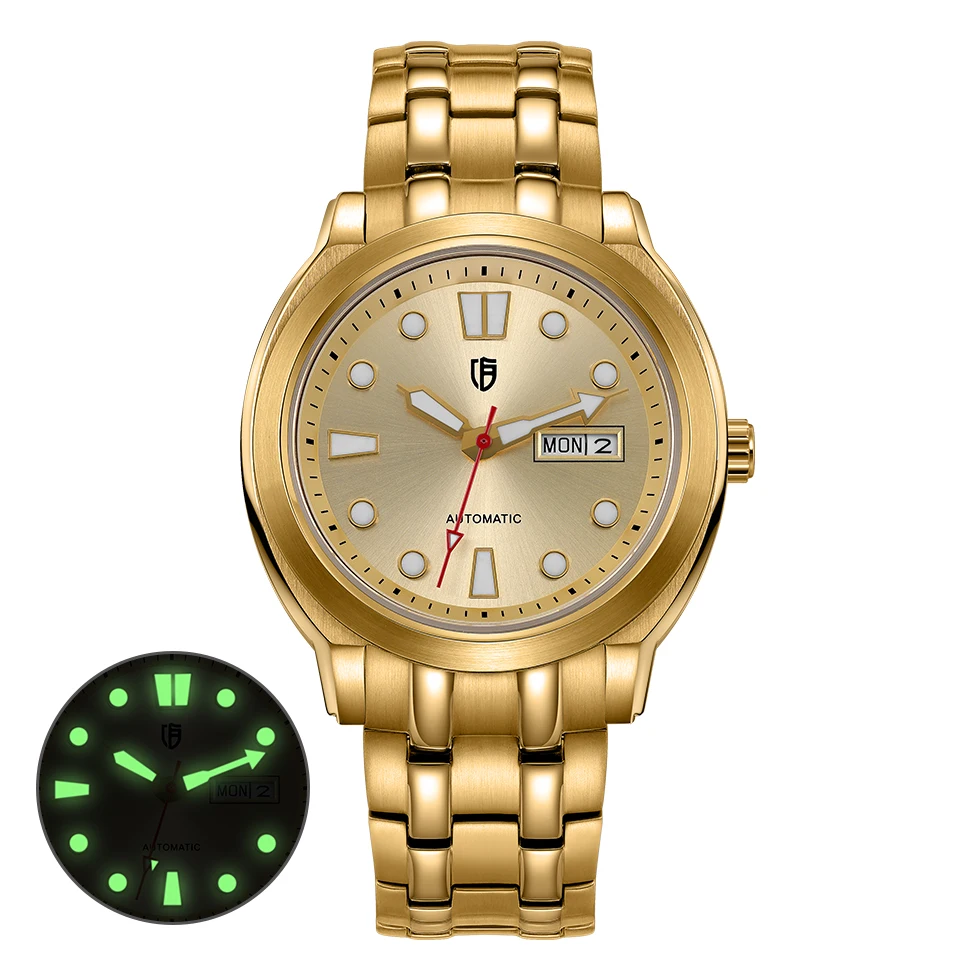 BERNY Men Automatic Mechanical Watch BERNY 8217 Luminous Gold Day Date Sapphire Stainless Steel Waterproof Wristwatch for Men