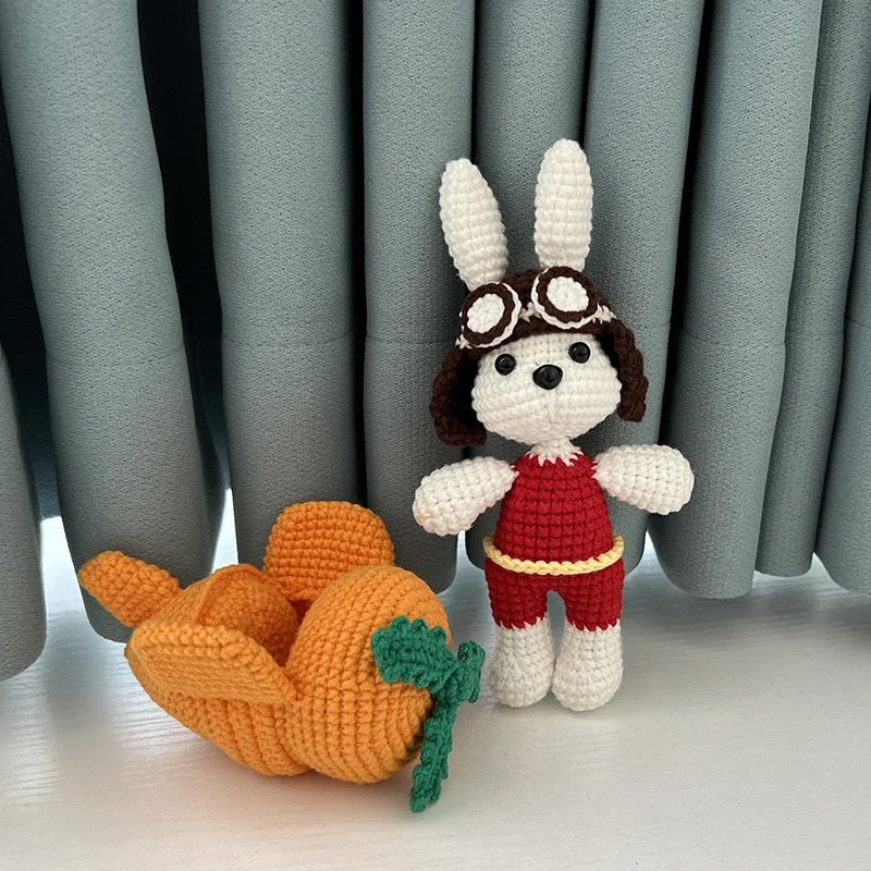 Crochet knitting Cotton doll Handmade knitted rabbit in a Interesting Carrot Aircraft decorative doll finished Knit Fabric Toy
