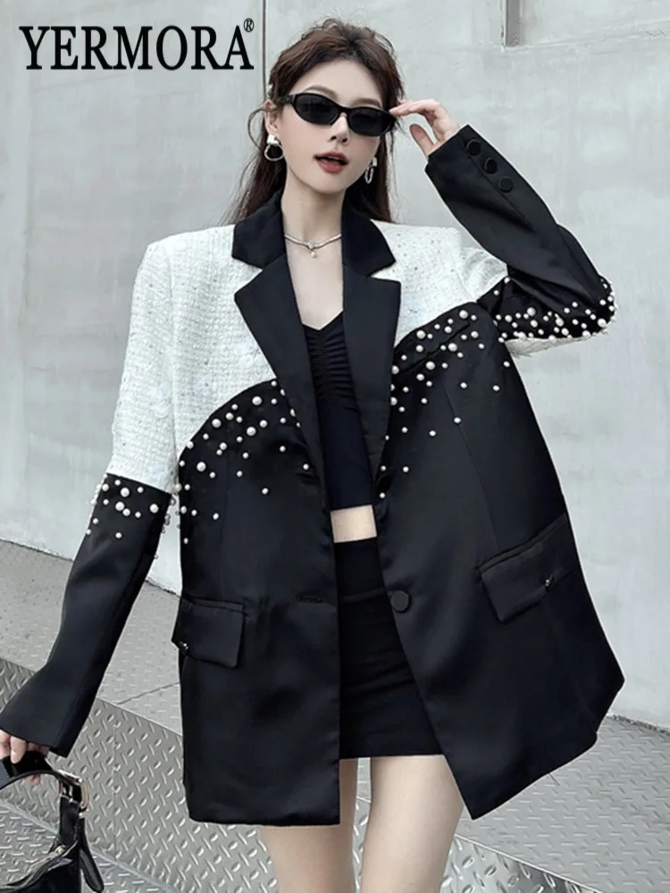 YERMORA Color-Block Irregular Beading Casual Blazer For Women Lapel Long Sleeve Loose New Jacket Fashion Tide Spring Autumn 2025