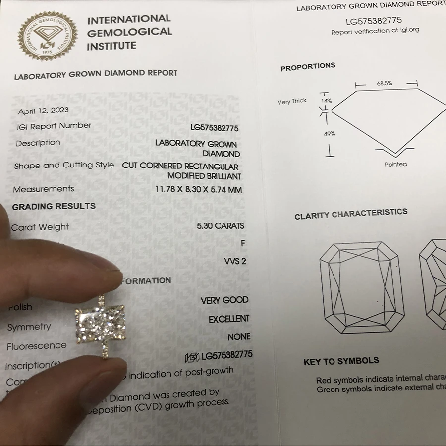 IGI 14k yellow Gold 5.3CT EF Color VS-VVS Radiant Cut CVD HPHT Lab Grown Diamond Jewelry Diamond Engagement Ring IGI