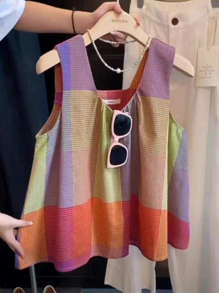 

Slimming Cheered Rainbow Bright Contrast Color Svel Vest Summer 2025 Faion Trend Vaion Sle Loose Fit ort Length