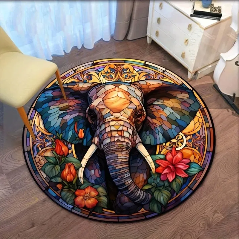 Stained Elephant Floral Round Area Rug Soft Carpet Colorful Mosaic Animal Flower Print Mat for Living Room Bedroom Home Decor