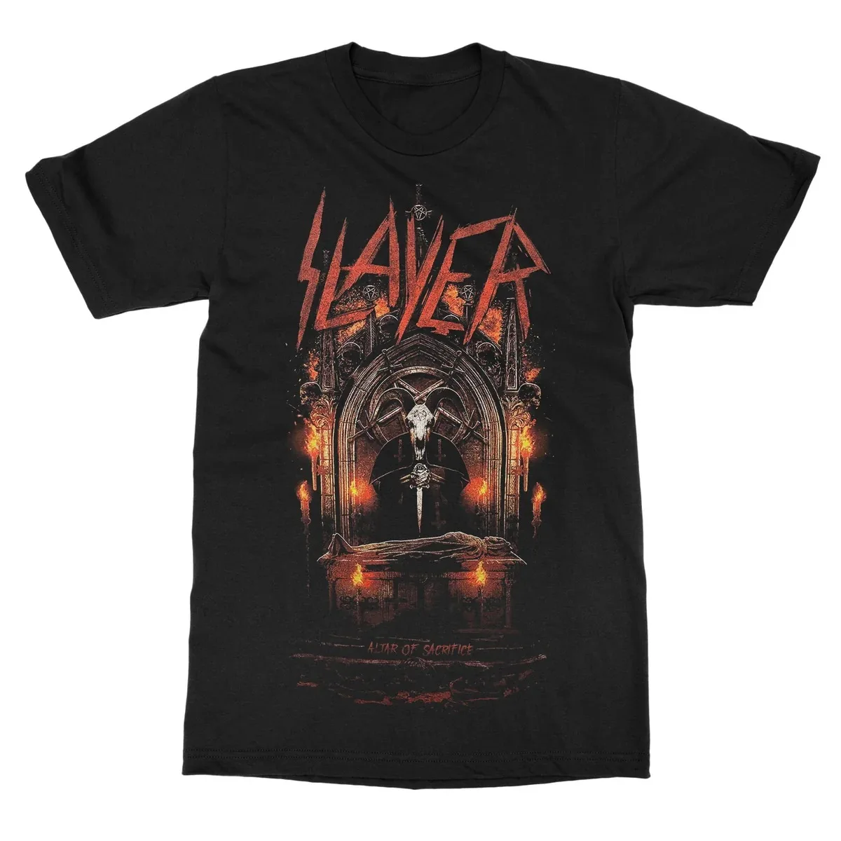 Slayer Altar of Sacrifice Album Cover Graphic Print T Shirt, Vintage Stained Glass Window Artwork With Pentagram And Hanging