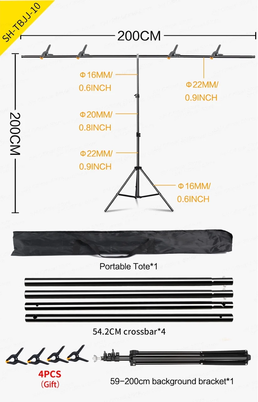 SH T-shaped Stand Tripod Background Backdrop Photography Adjustable Support System Photo Studio for Non-Woven Muslin Backdrops