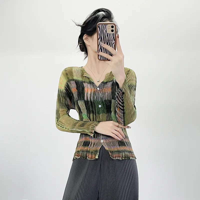 

Miyake Pleated Top High Quality Solid Color Wicker Cardigan Long Sleeve Autumn New Casual Pleated Shirt for Women