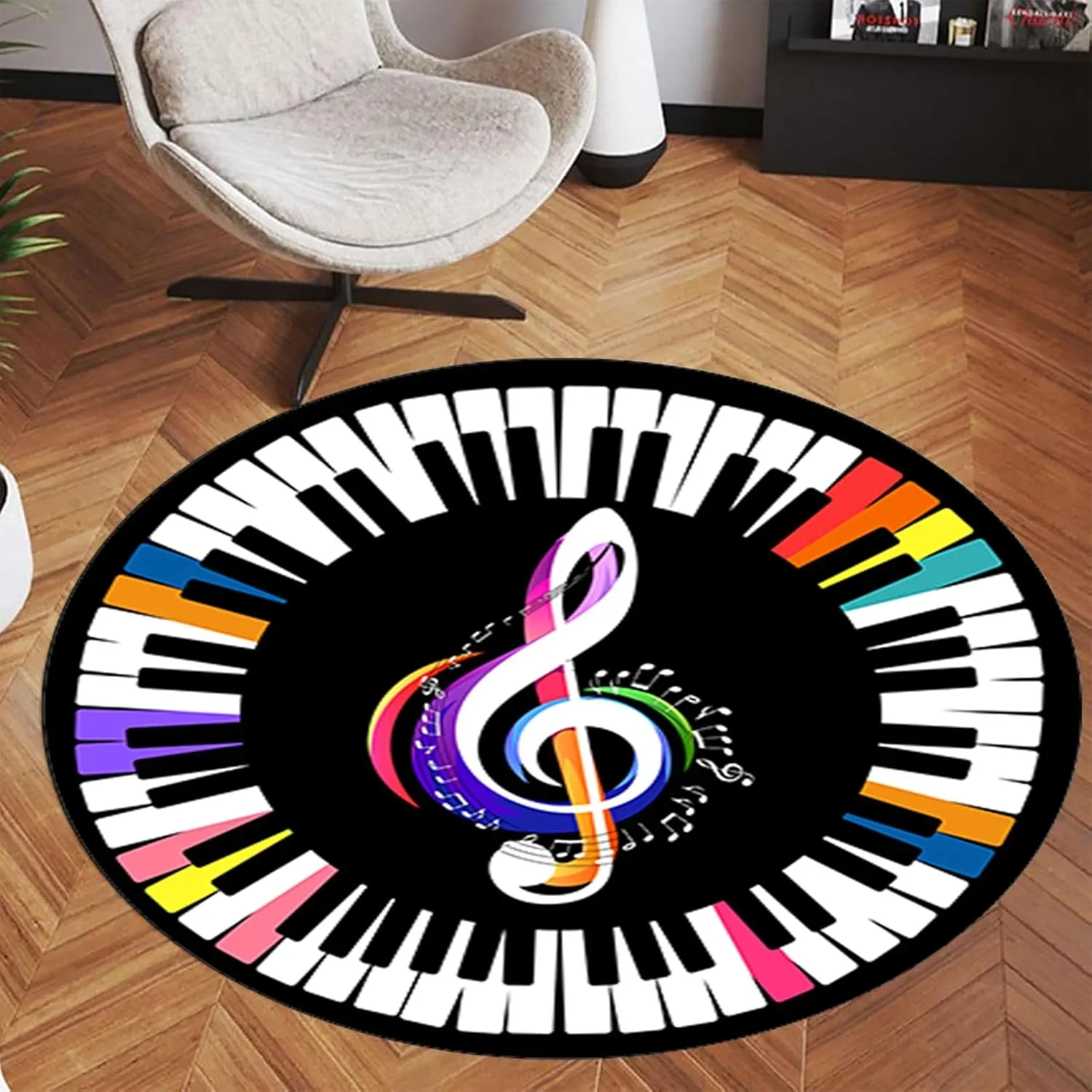Music Round Area Rug,  Colored Piano Keys Notes, Non-Slip Floor Mat Carpet for Bedroom Living Room Study Playing Classroom Decor