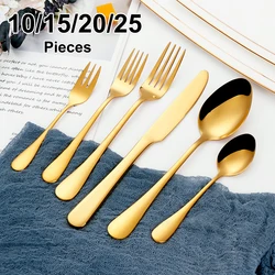 10/15/20/25Pcs Gold Cutlery Mirror Dinner Set Stainless Steel Tableware Black Fork Spoon Sliverware Kitchen Utensils Flatware