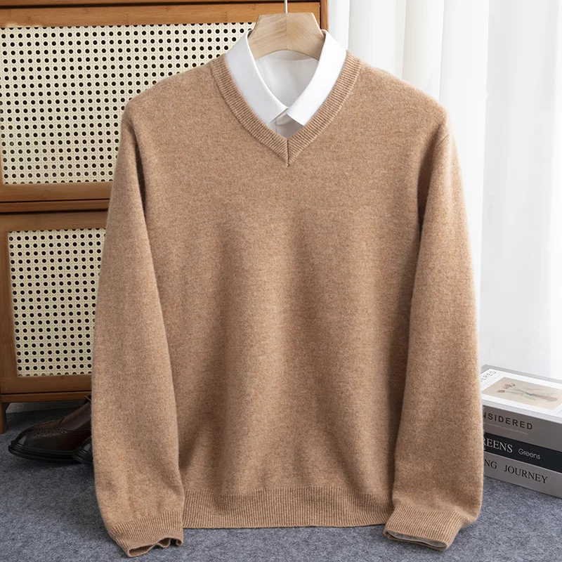 Classic Seamless 100% Pure Wool Pullover Men Basic Knitwear Sweater V-Neck Long Sleeve Business Soft Warm Thick Clothing Tops