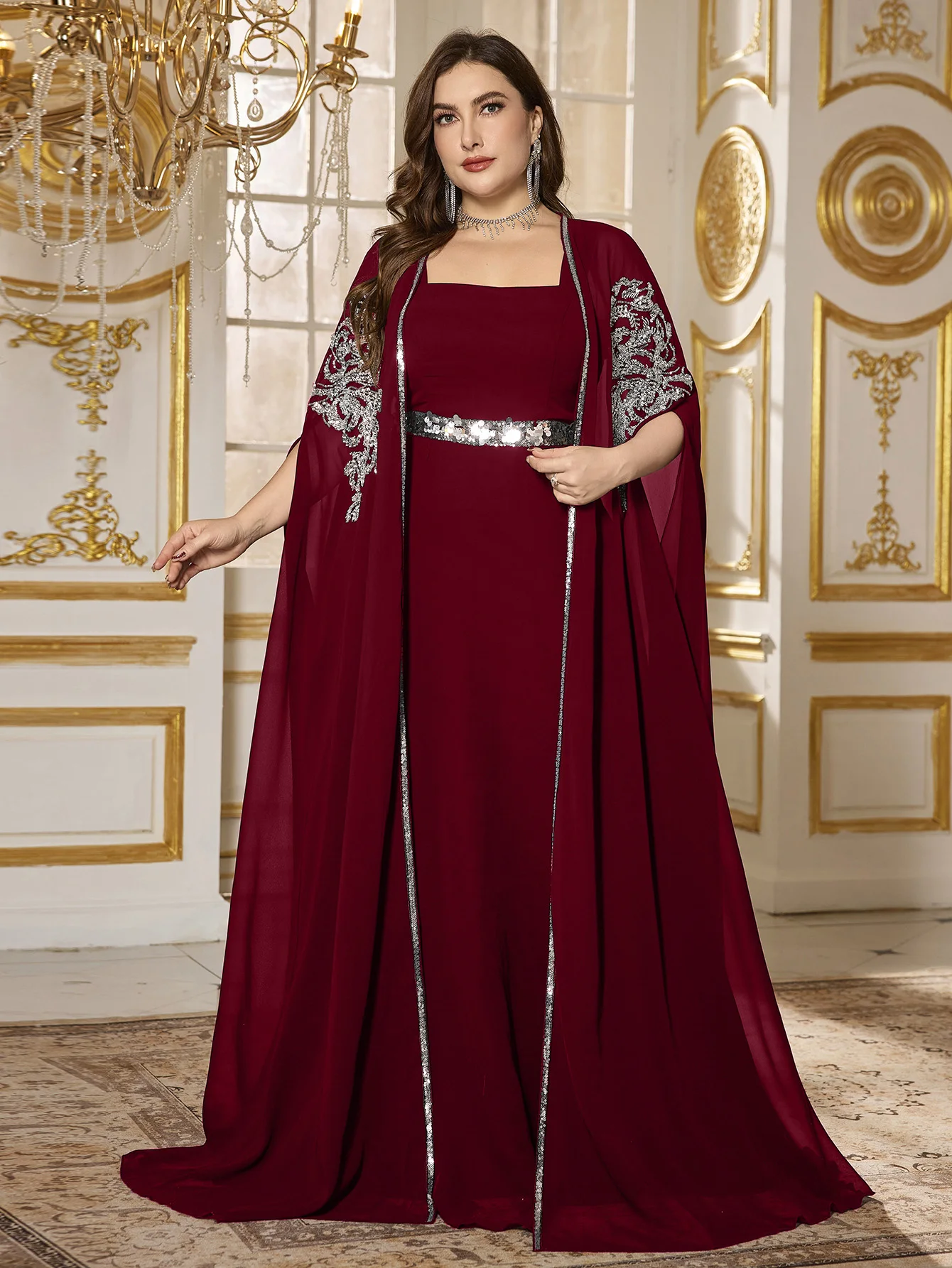 

UNITHORSE 2-Way Strapless Slip Dress & Robe, Light Luxury Sequin Spliced Floor-Length Evening Gown
