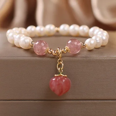 

Korean Style Strawberry Crystal Bracelet Single Ring Fashion Women's Honey Peach Agate Pearl Jewelry Wholesale Drop Shipping