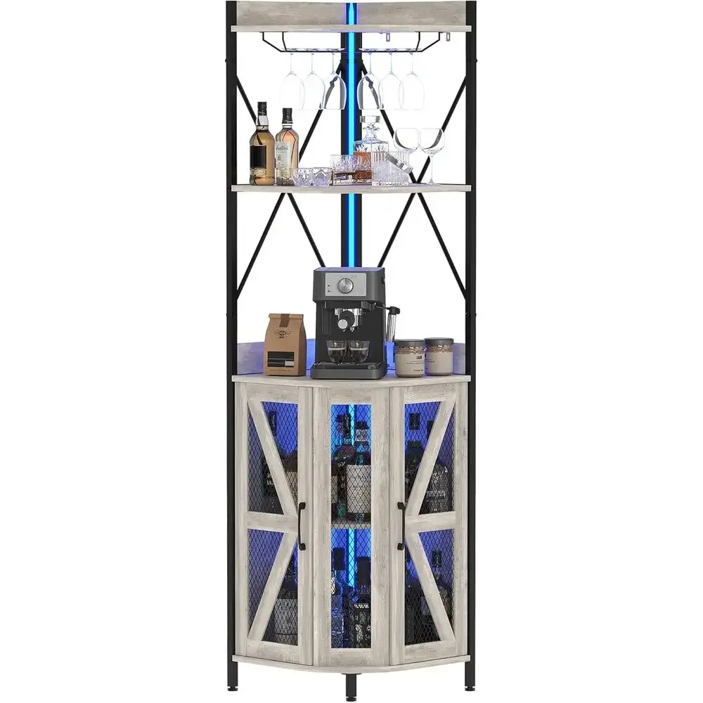 68 Tall Wine Storage Cabinet with LED Lighting and Outlet, 5-Tier Standing Rack, Glass Holder, Adjustable Shelves for Dining and