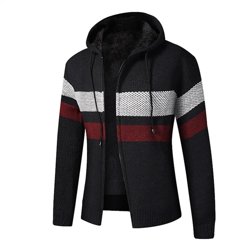 

Men's Hooded Cardigan Fleece Warm Knitted Sweatercoat New Winter Fashion Striped Hooded Knitwear Zipper Casual Cardigan Man