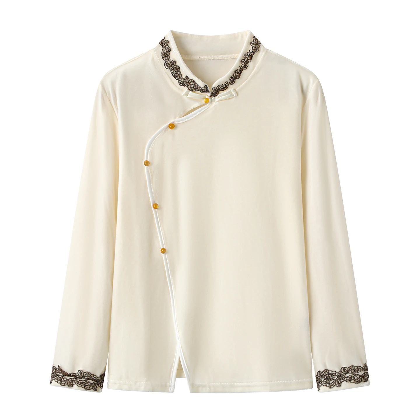 

New Chinese Sle Bla Velvet Top Women's Spring Autumn Retro High-End Feeling Side Buttoned Loose Fit Long Sve irt