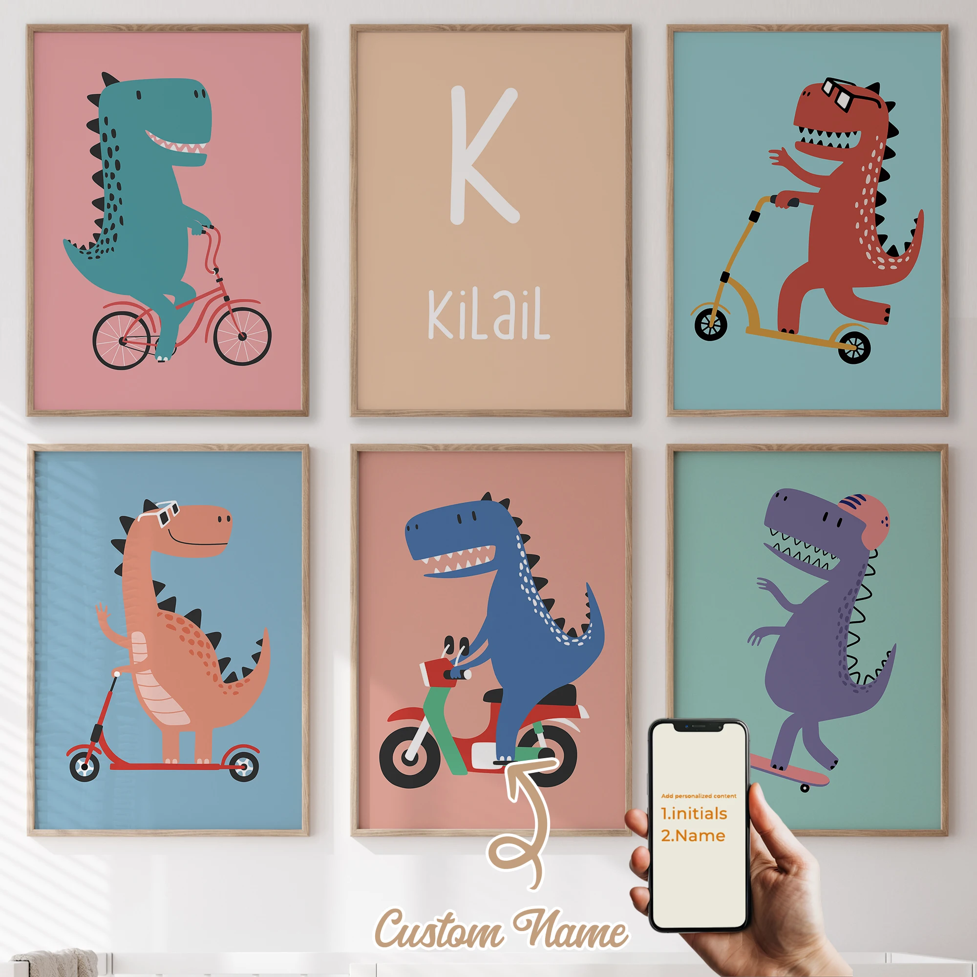 

3Pcs/6pcs Personalized Custom Name Cute Cartoon Dinosaur Wall Art Print Picture For Living Room Kids Boy Room Home Decor Gift