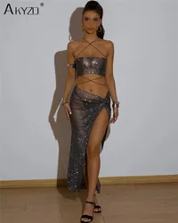 Shiny Rhinestone Women 2 Piece Set Sexy Backless See Through Fishnet Tank Top With Hollow Side Split Long Skirt Festival Outfits