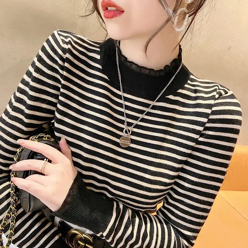 Striped Long Sleeve Contrast Color Pullover Women's Lace Patchwork Half High Collar Sweater Knitted Casual Spring Autumn Tops