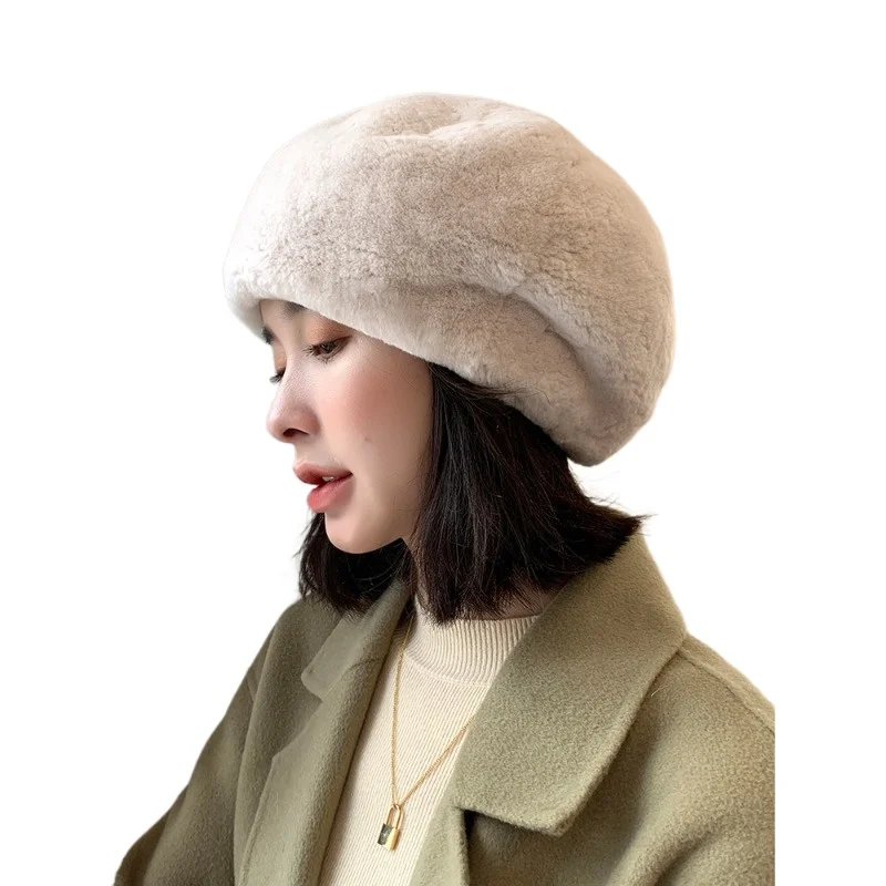 

Японский и корейский берет из цельного меха кролика рекс в стиле ретро, женская осенне-зимняя теплая шапка художника, простая шапка с тыквой
