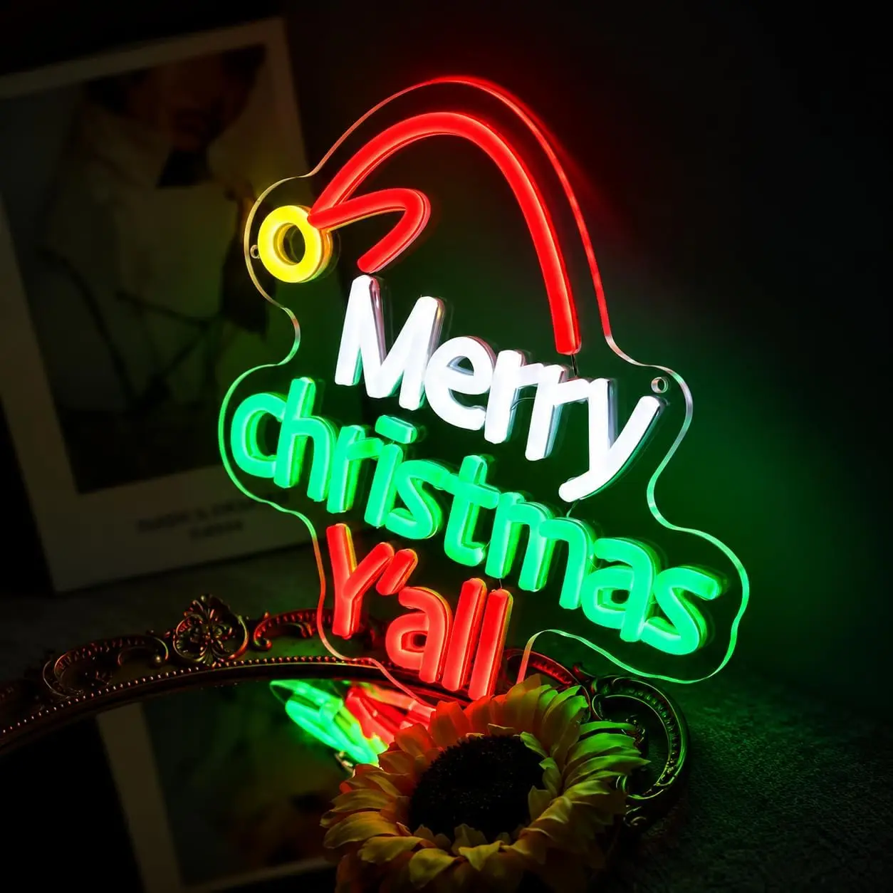 Merry Christmas Y'all Neon Sign With Santa Hat, LED Neon Light Wall Decor, Christmas Party Home Bar Bedroom Decoration Gift