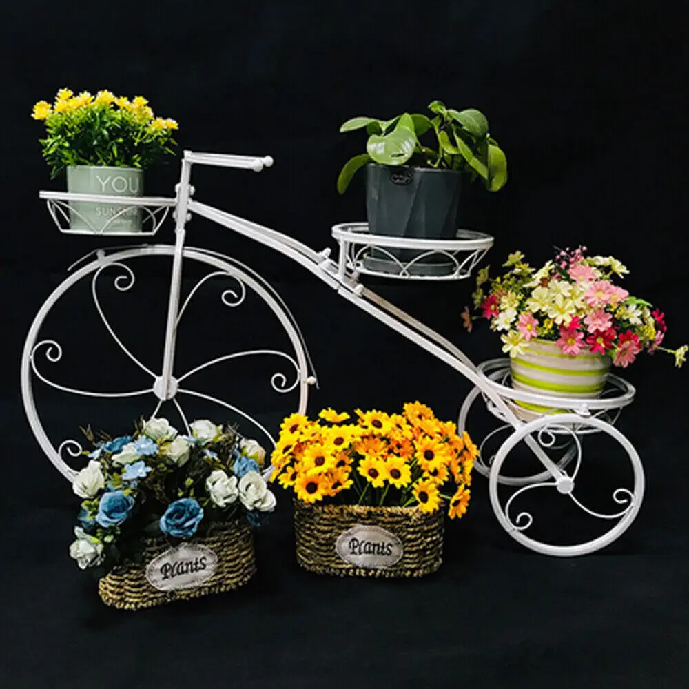

White Bicycle Flower Stand Cart Holder Metal Garden Patio Decor Indoor&Outdoor