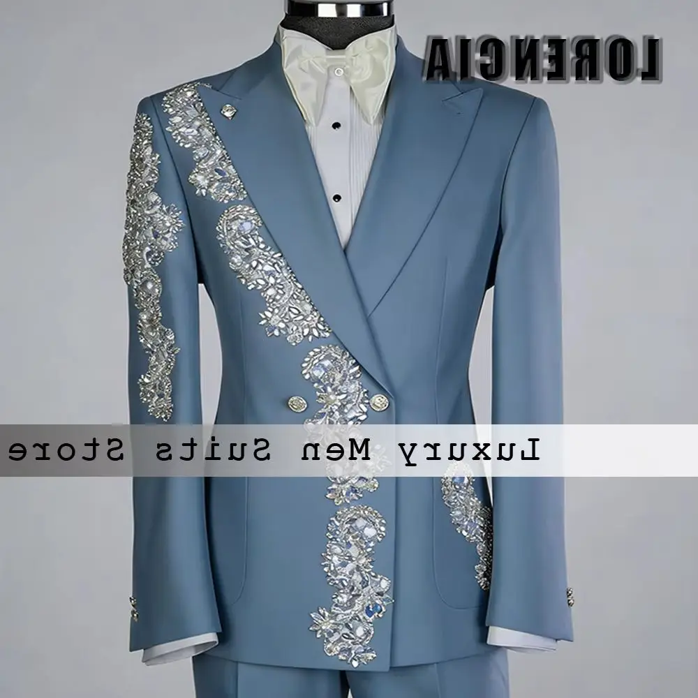 

Elegant Crystal Men Suits 2 Pieces Wedding Party Groom Tuxedos Double Breasted Customized Blazer Pants abiti uomo estivi elegant