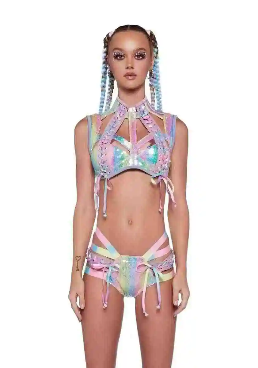 New Women Laser Multi-Color Bikini Music Festival Hot Girl Sexy Strap Awakening Dark Set Gothic Style Vest Bra Hollow Top Shorts