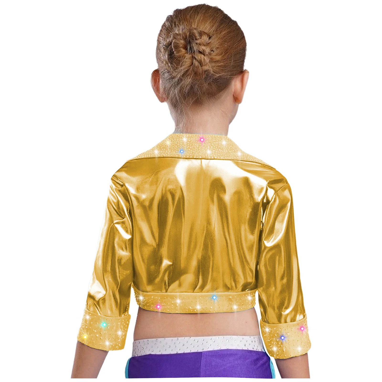 Kids Girls Long Sleeve Rhinestones Metallic Shiny Fashion Casual Crop Jacket Coat Hip Hop Jazz Street Dance Performance Costume