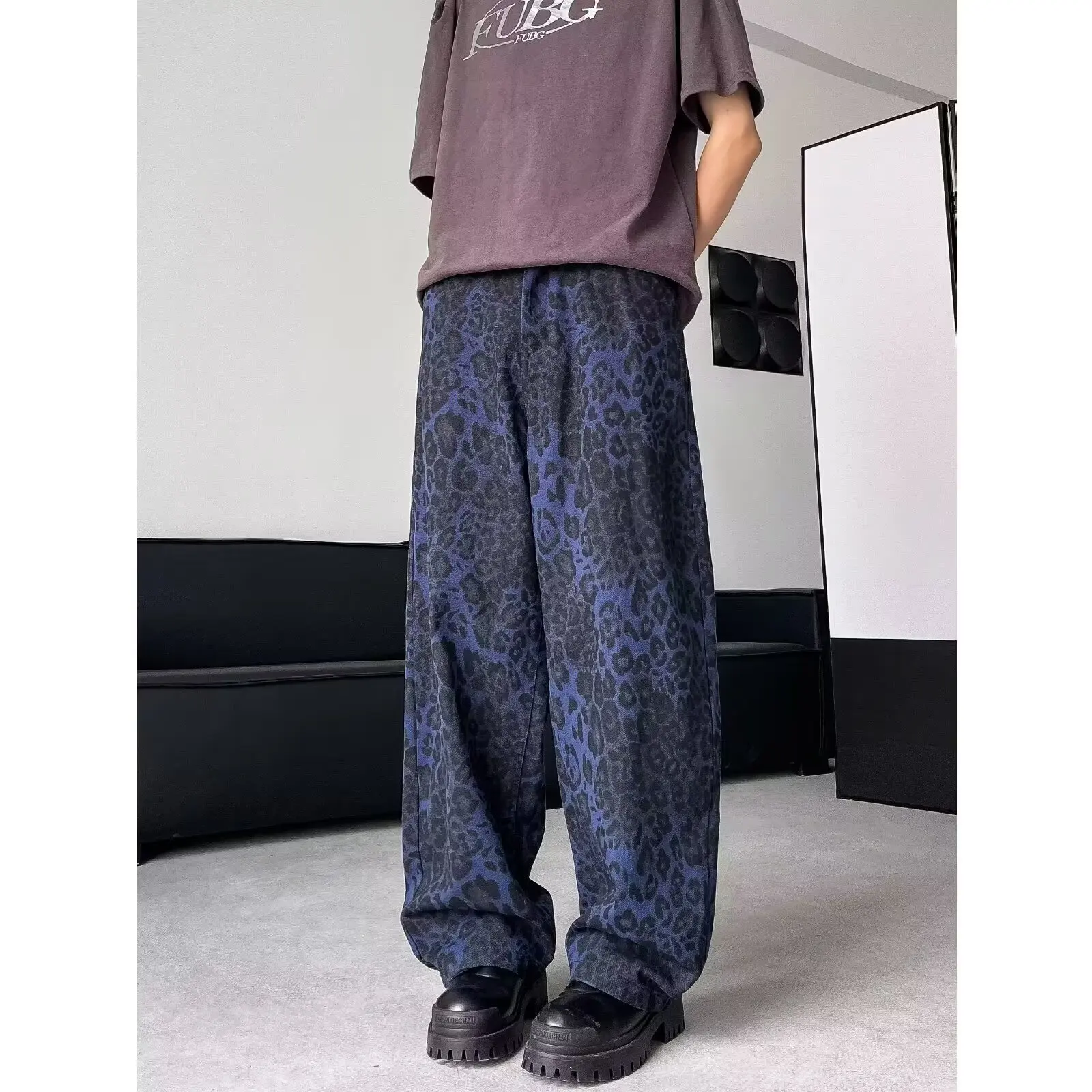 

American handsome blue leopard print jeans for men denim men's design sense American hiphop high street pants Vibe trendy