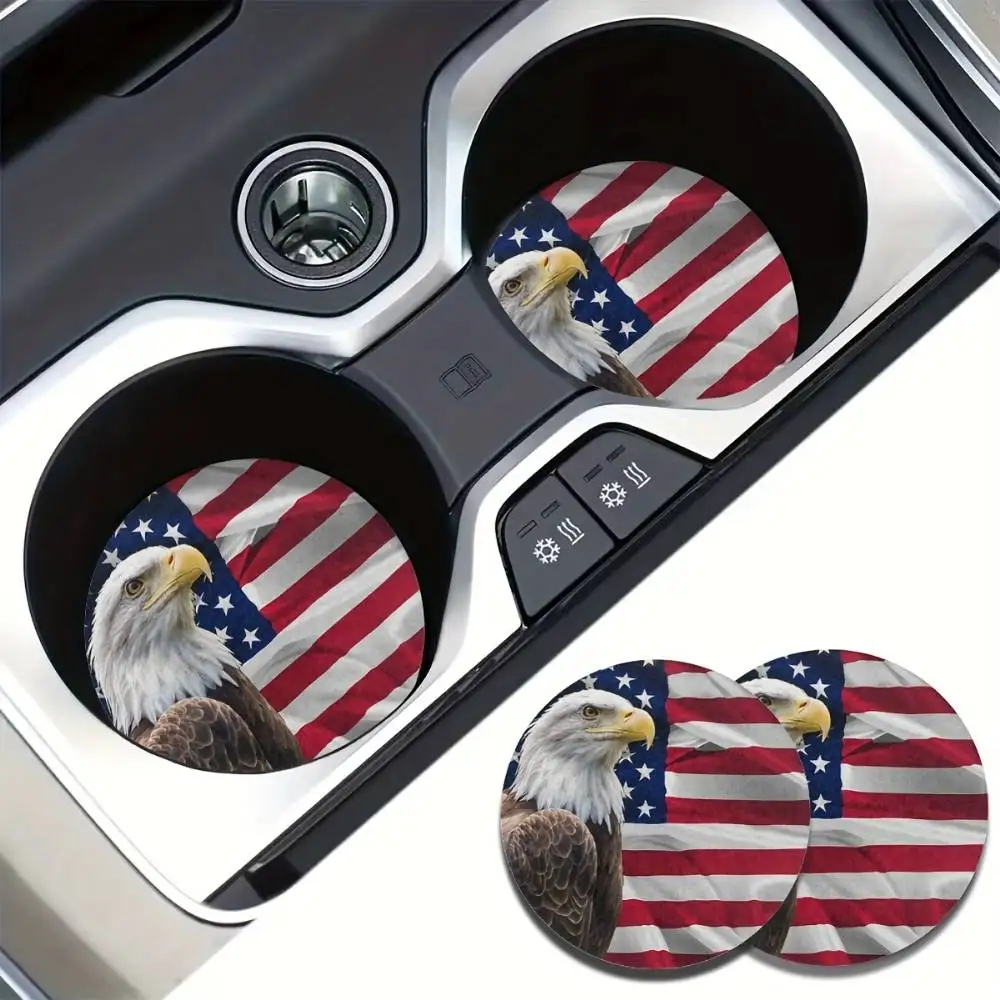 Eagle & American Flag Absorbent Car Cup Holder Coaster Mats 2pcs Car & Home Desk Water Cup Accessories