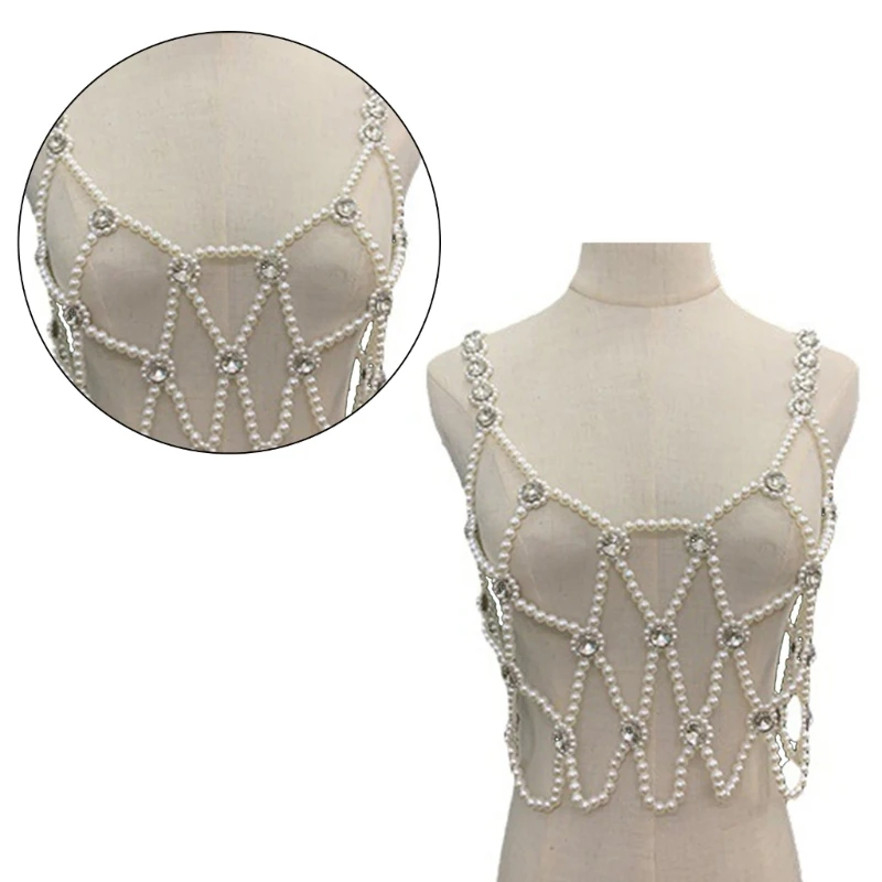 Women Sexy Pearl Crystal Beaded Hollow Out Crop Top for Nightclub Party Outfit