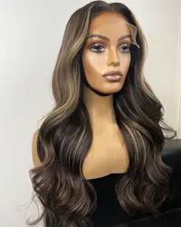 Natural Bayalage Highlight Brown Blonde Synthetic Hair 13x4 Lace Front Wigs for Black Women Glueless 180Density Long Wavy Wigs