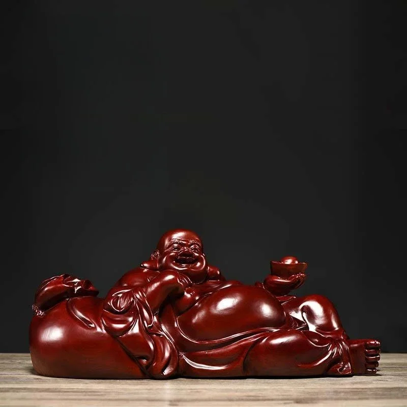 Safflower pear wood carving Maitreya Buddha statue ornament home solid wood handicraft gift