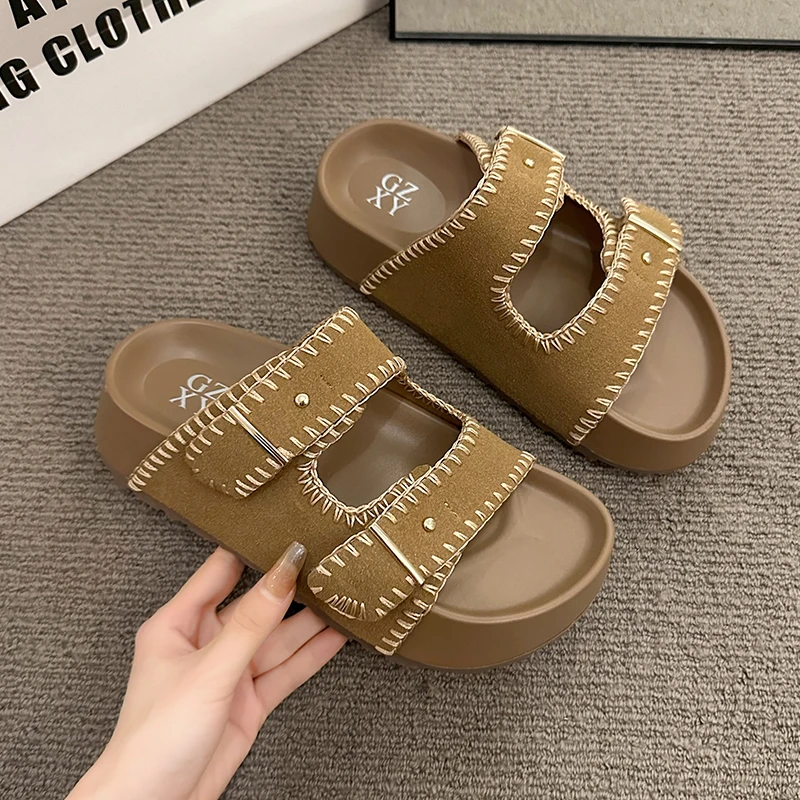 

Women's Fashion Slippers Sponge Cake Base Middle Follow Suede Women's Flat Shoes Leisure Outdoor Soft Insole Sandalias De Mujer