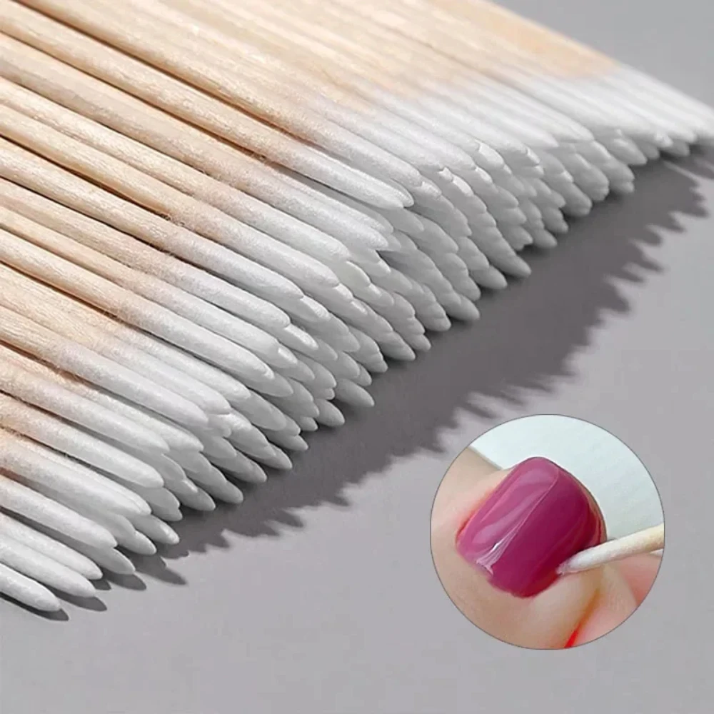 100 Pcs Nails Wooden Tip Cotton Stick Buds Disposable Ultra-Detail Corrector Nail Polish Remover Clean Sticks Manicure Tools