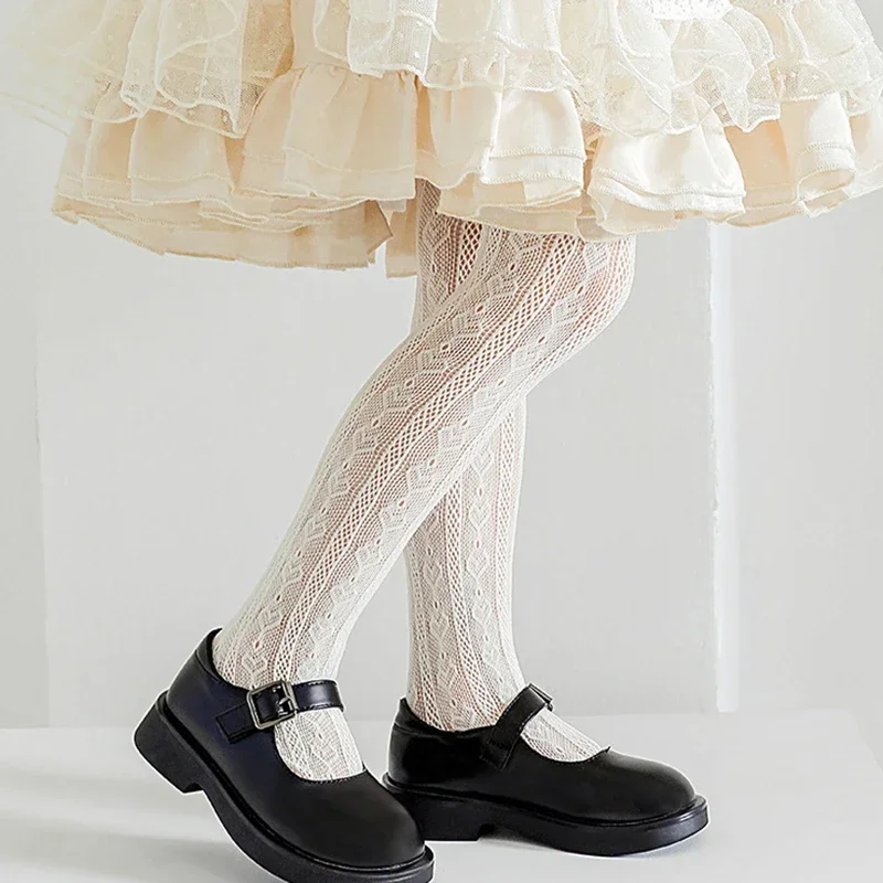 New Summer Girls Tights Pure Cotton Breathable Mesh Beige White Black Children Princess Pantyhose Lolita Leggings For 2-12Y image 3