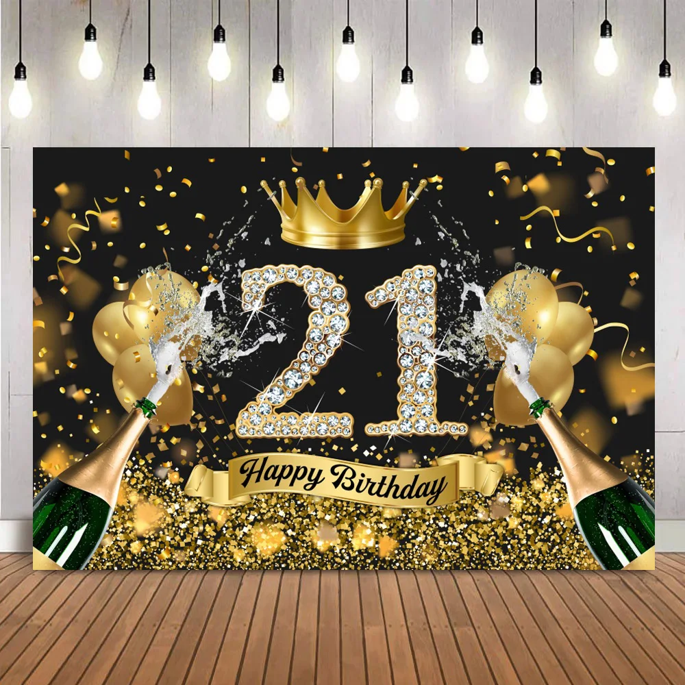 Happy 21th Birthday Party Backdrop Banner Poster 21 Years Old for Girls Boys Black Gold Balloon Official Teenager Background