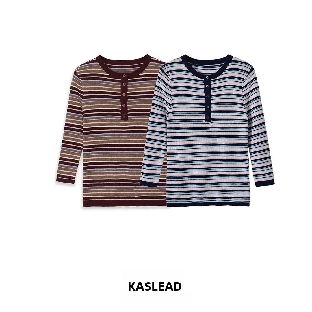 KASLEAD New Women's Long Sleeve round Neck Striped Multi-Color Polyester Knitted Sweater Fashionable Versatile Ladies' Top