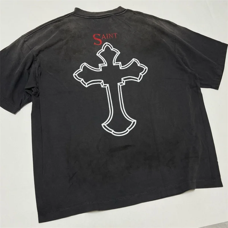 Black Washed SAINT MICHAEL Oversized T Shirt Men Women Best Quality Portrait Print Hip Hop T-Shirts