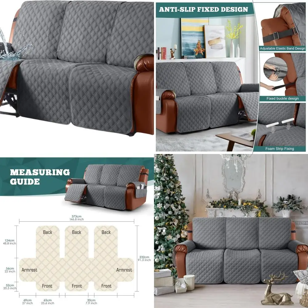 

Водонепроницаемый 3-местный чехол для дивана с откидной спинкой — моющаяся защита для дивана с карманом и эластичными ремнями для детей и домашних животных (темно-серый)