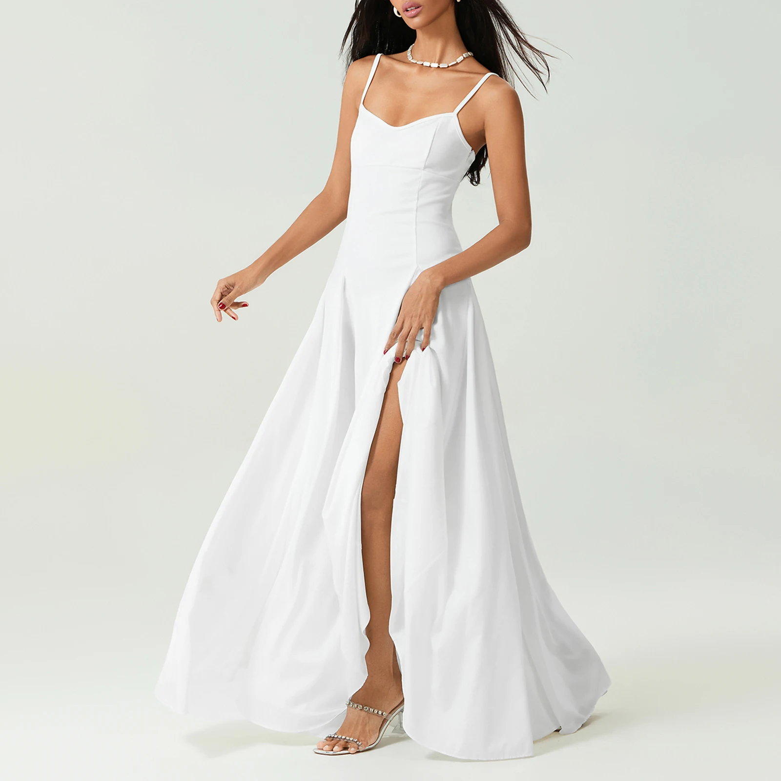 Vestido Feminino de Luxo de Verão Longo com Alça Fina Sem Mangas, Saia Ampla Casual Cor Sólida, Estilo Cami Moderno