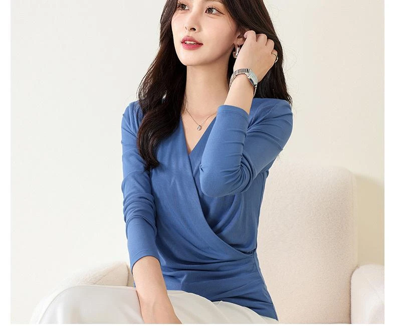 Ladies' Office&casual Mulberry Silk Shirt Cross Collar Long-sleeved V-neck T-shirt  Women's Winter Top Base Bodysuit