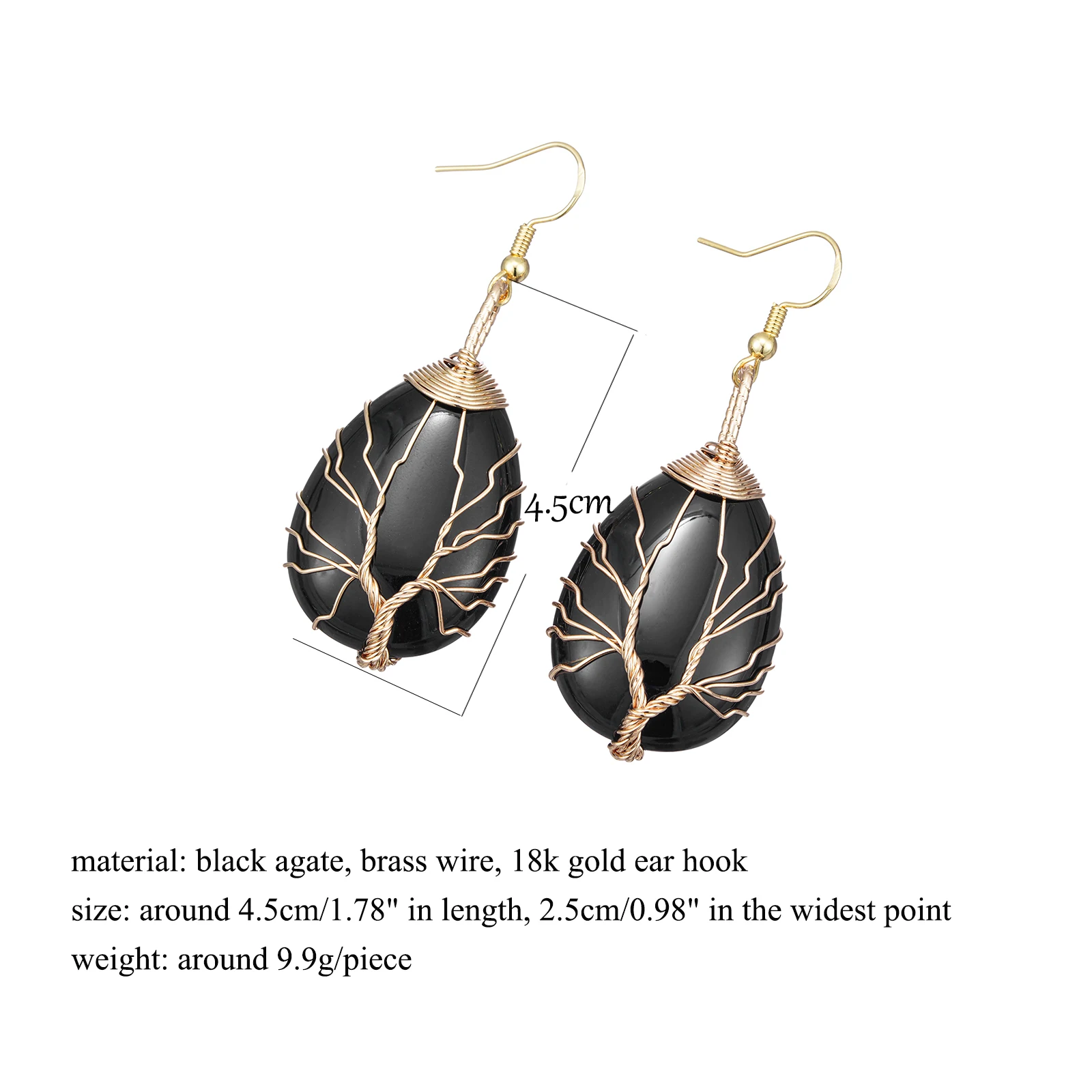 Handmade Teardrop Black Agate Crystal Dangle Earrings for Women, Wire Craft Tree of Life Earrings