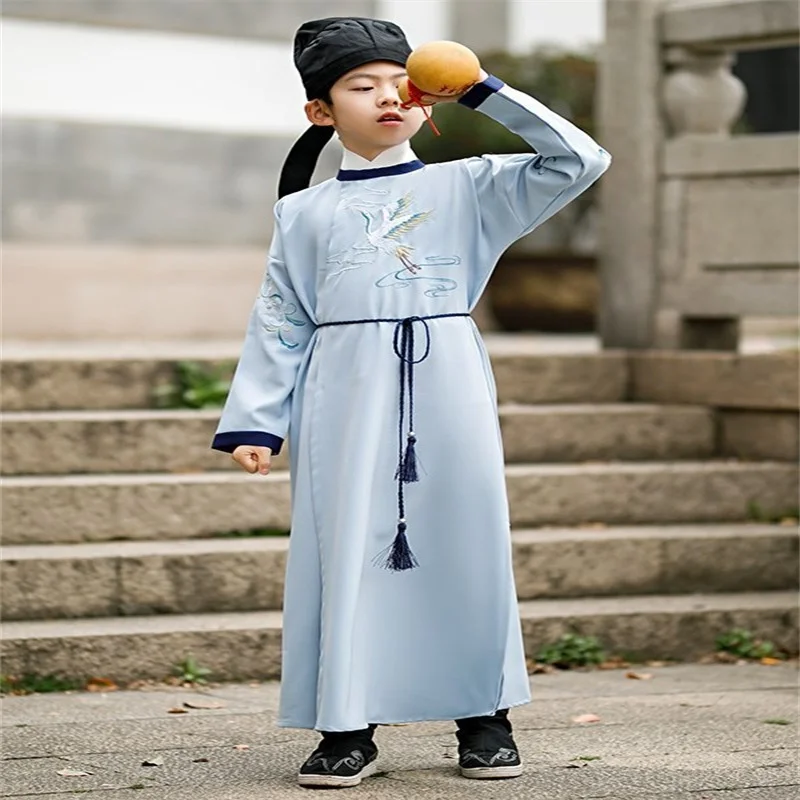 Children Dress Chinese Style Round Neck Robe Tang Dynasty Wuxia Costume Ancient Hanfu Boy Girl Stage Performance Cosplay Party