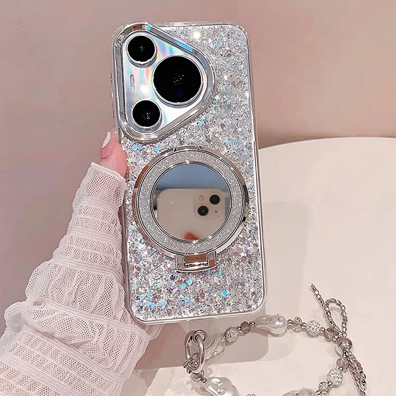For Huawei Pura70 70 Pro 70Ultra Case With Mirror Stand Silver Glitter Phone Cases For Huawei Mate 60 Pro Soft Silicone Cover