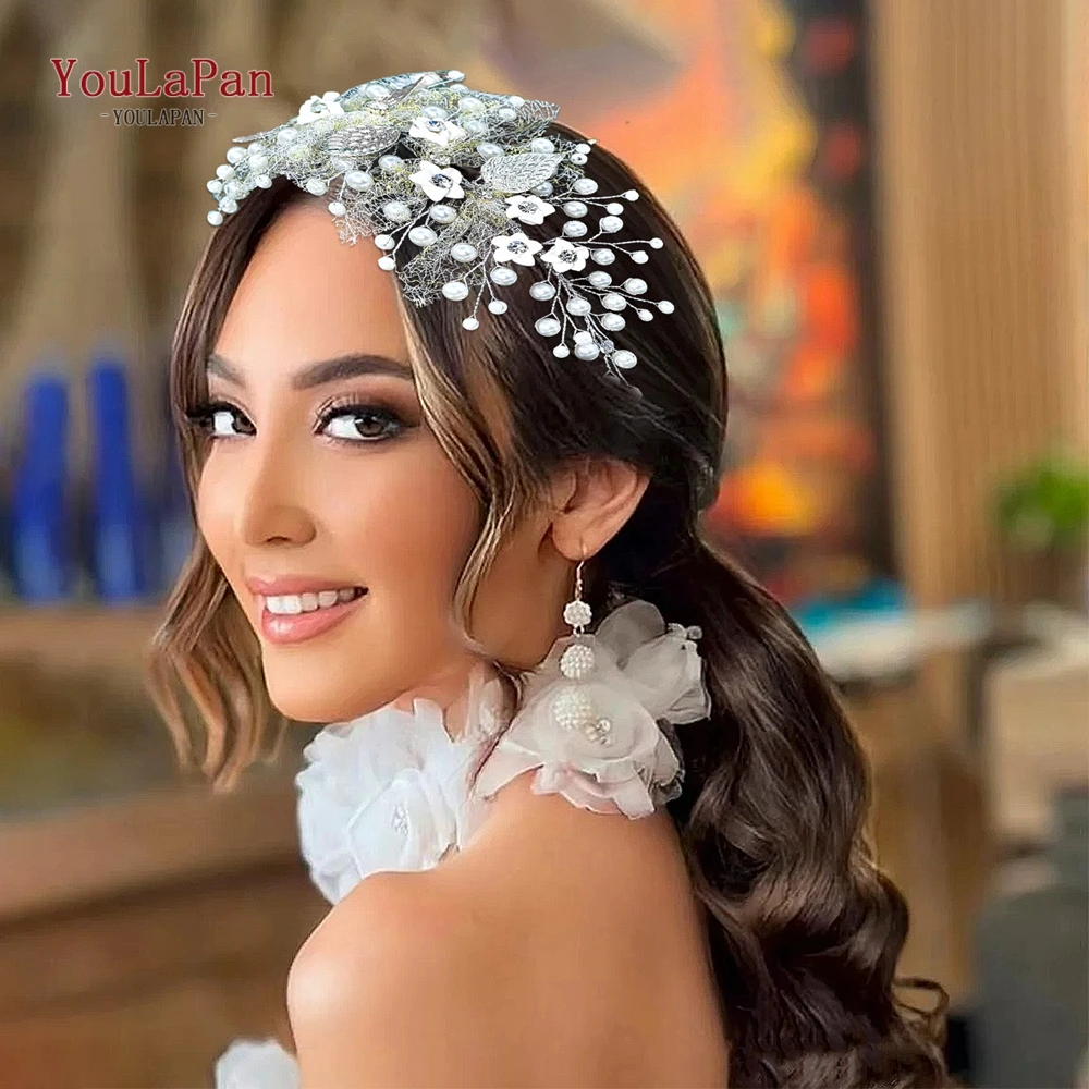 YouLaPan Vintage Pearl Bridal Headband Mesh Flower Alloy Leaf Wedding Crown Bridal Hair Accessory For Wedding Photoshoot HP923