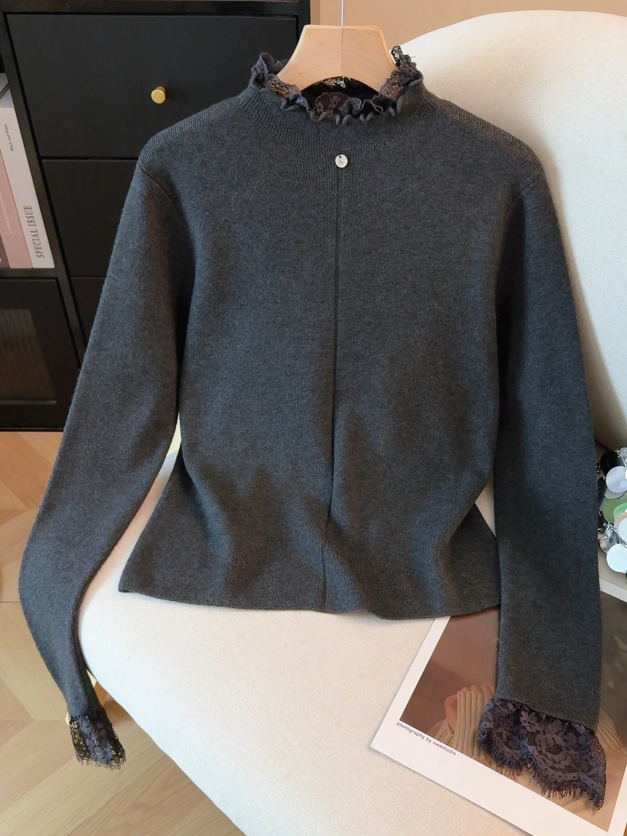 Thiened renda emenda base de malha irt feminino outono inverno roupa interna f gola alta auto-kee sle camisola quente