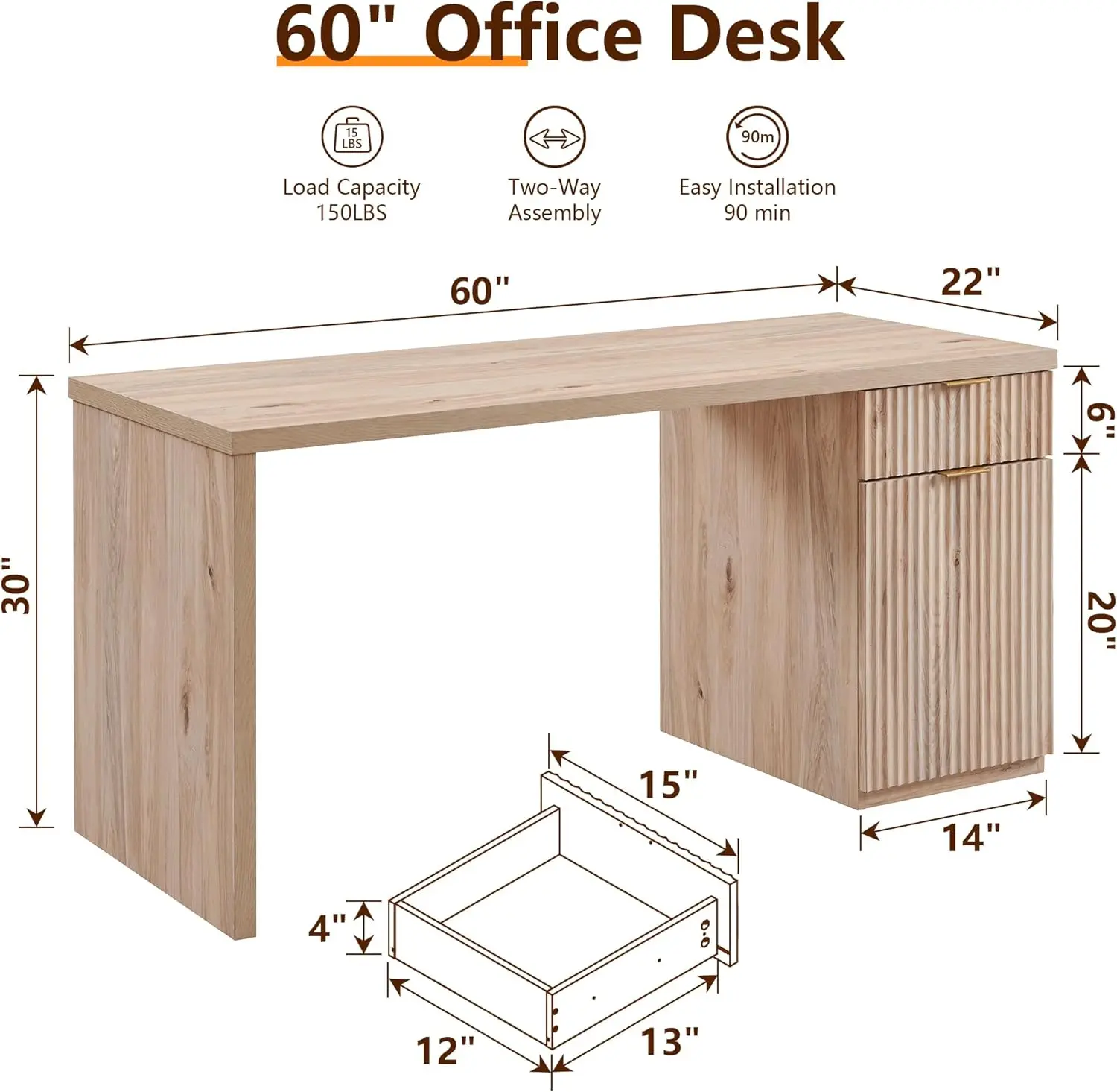 60" Modern Executive Desk with Storage, Wood Home Office Desk with Drawer & Cabinet, Fluted Computer Writing Desk for Study