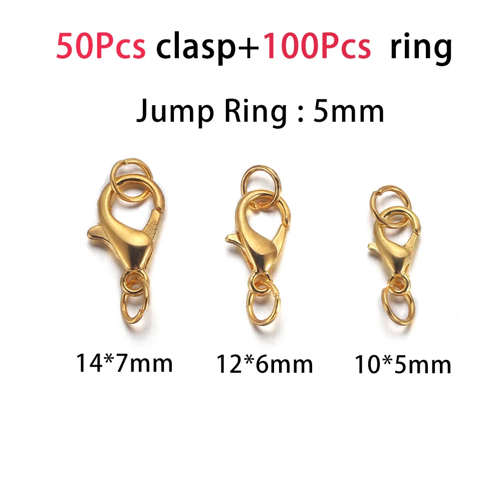 50 buah kait gesper Lobster dengan 100 buah cincin Jump End Clasps gelang kalung konektor untuk DIY perlengkapan membuat perhiasan