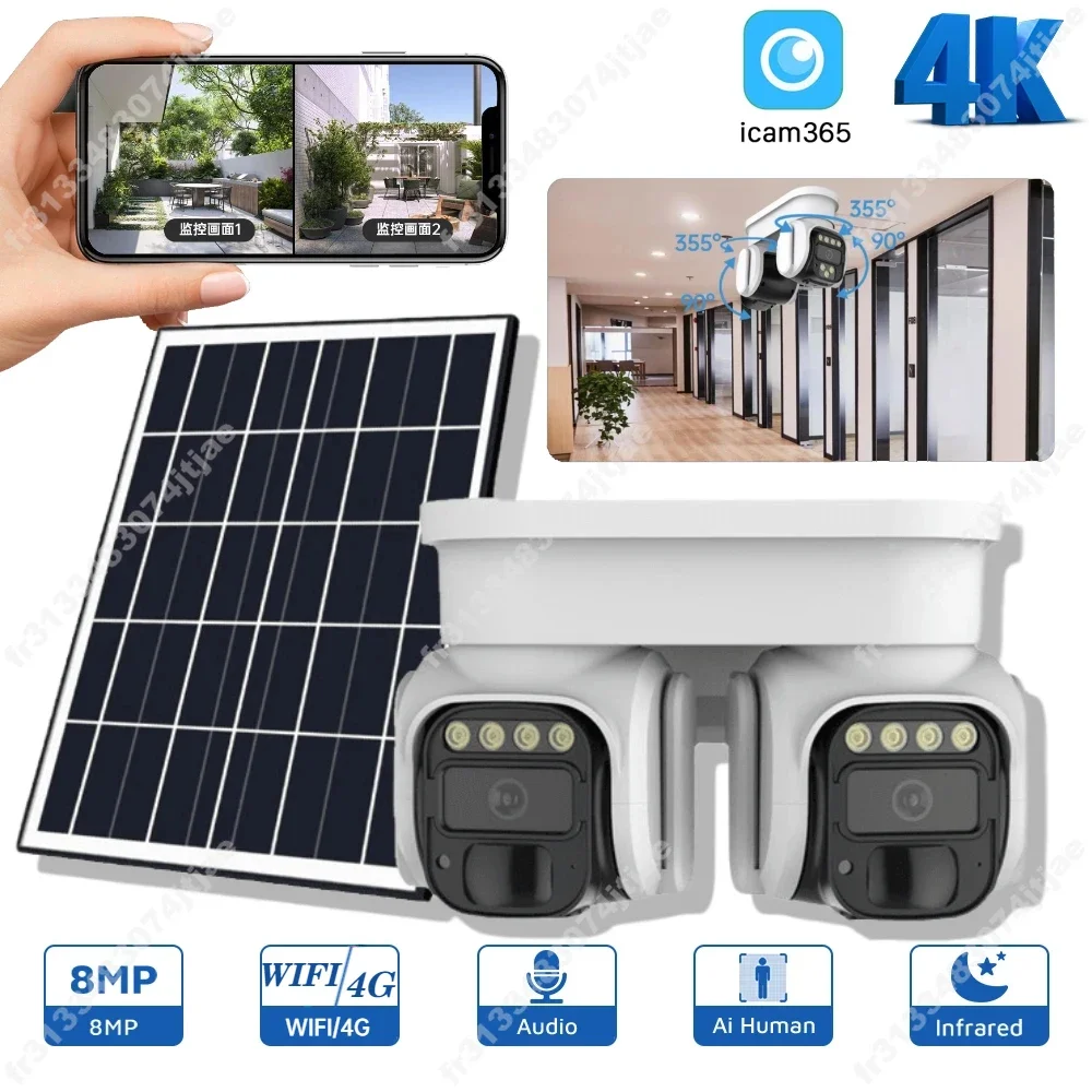 4G/WIFI HD Dual Screen Outdoor Camera 360°PTZ Human Detection Remote Two-way Intercom Color Night Vision Solar Security Camera