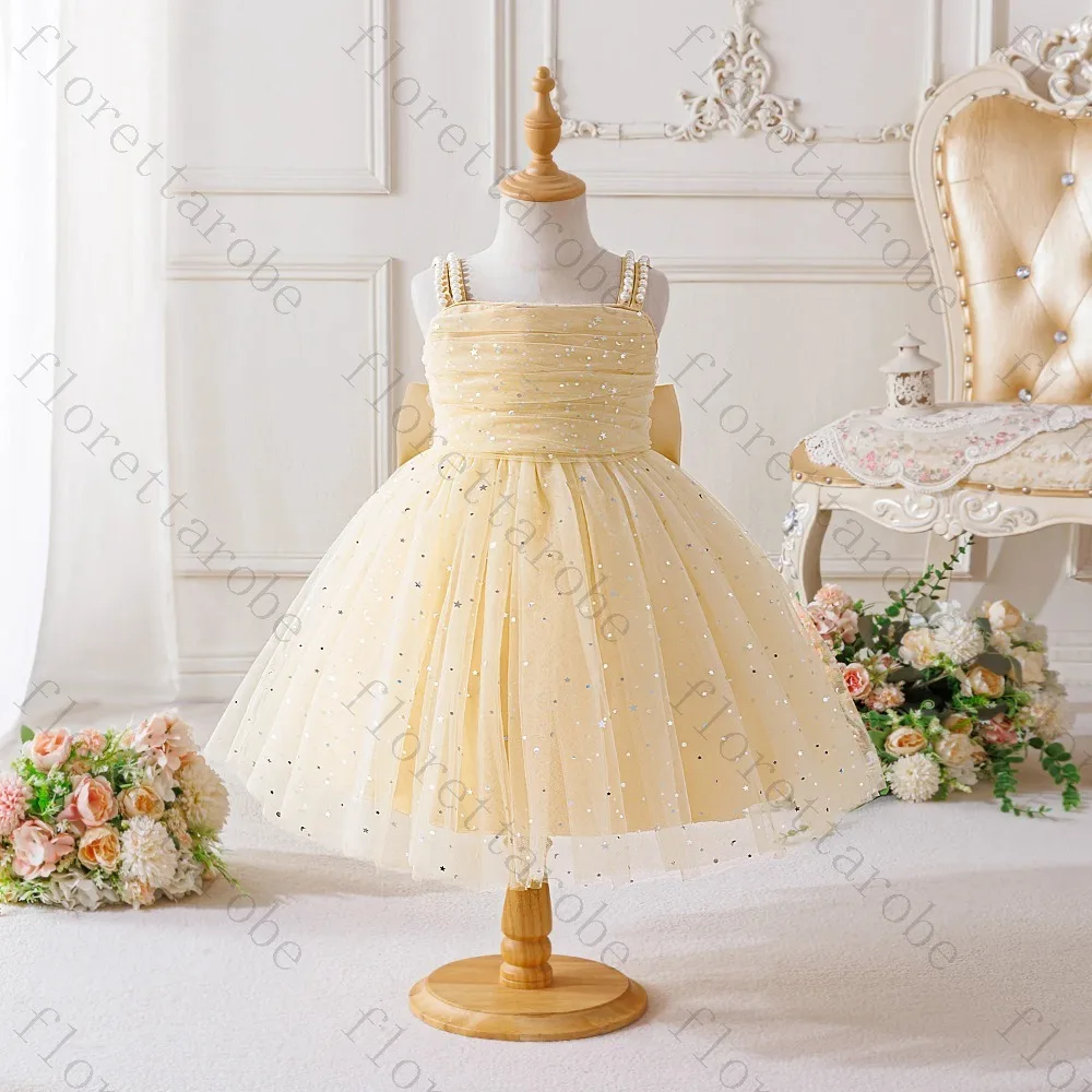 Customize Elegant and Shiny Flower Girl Dress Sequins Kids Wedding Birthday Graduation Square Collar First Communion Gowns