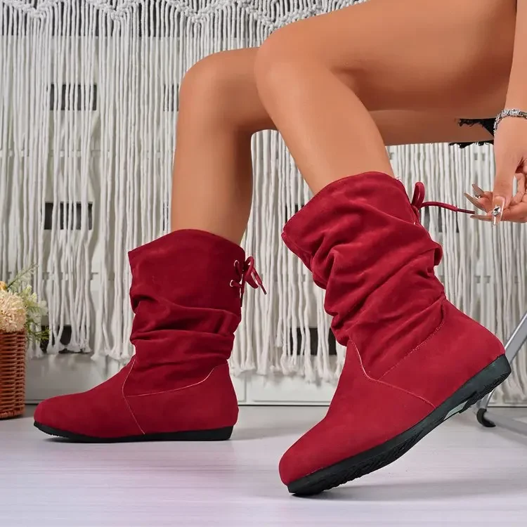 Einteilige Damen-Stiefeletten in Nude – Modische und lässige, elastische, flache Stiefel mit niedrigem Schaft, plissiert, einfarbig, runde Spitze – Detail 14